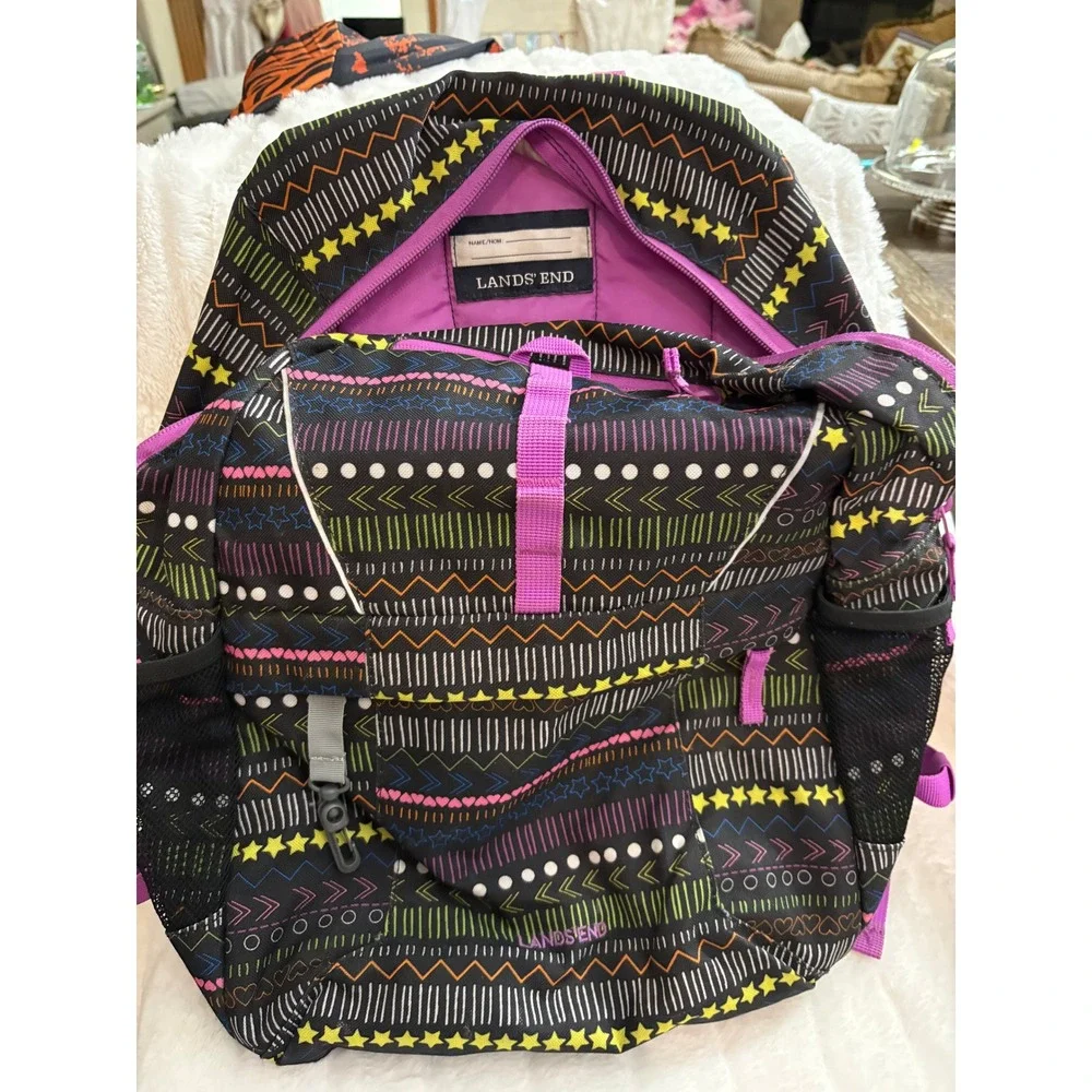 Lands End ClassMate Backpack Black Multi Pattern Stars Geometric 473386 F16